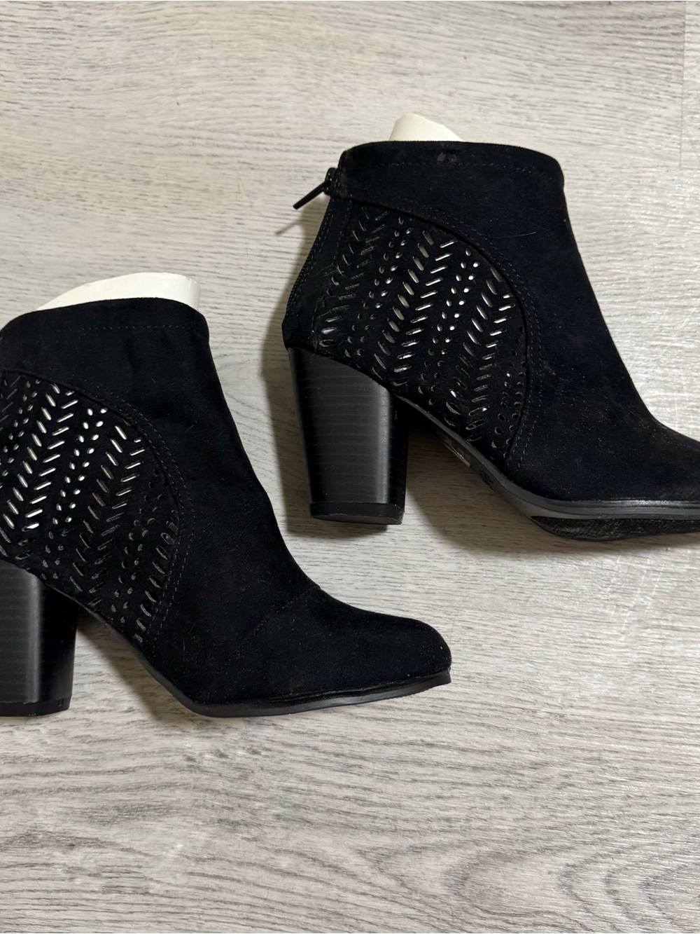 Black Suede Laser-Cut Ankle Booties - Women's Fashion Heels